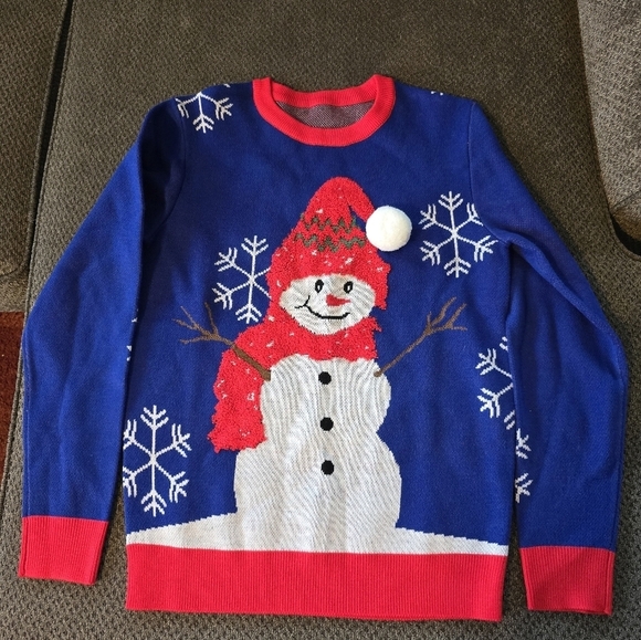 Christmas Ugly Sweater Women Small Blue Red Snowman Flakes Embellished Holiday - Picture 4 of 11